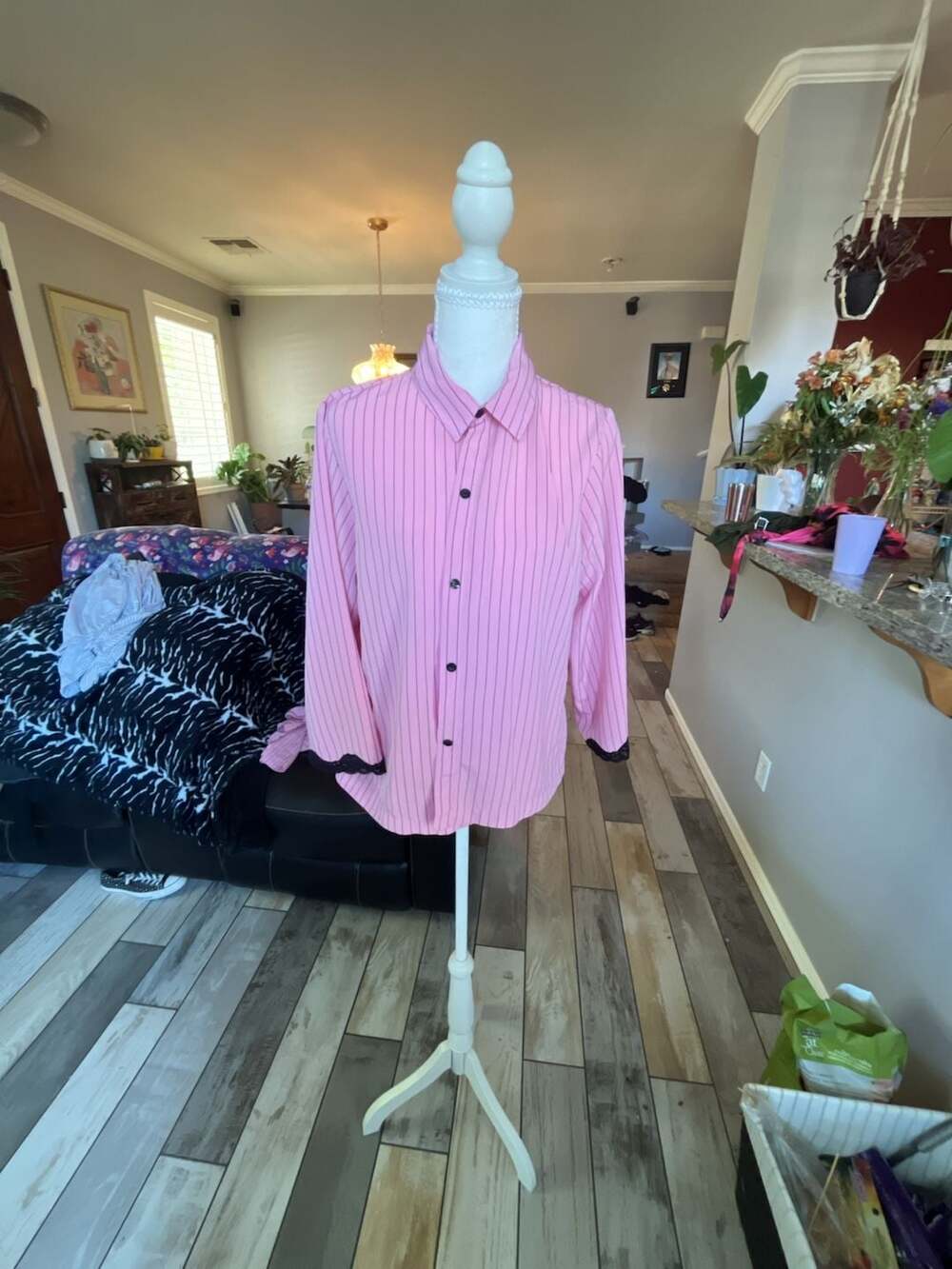 Cruz Pink and Black Striped Button-Down Shirt with Lace Cuff Detail plus matchin